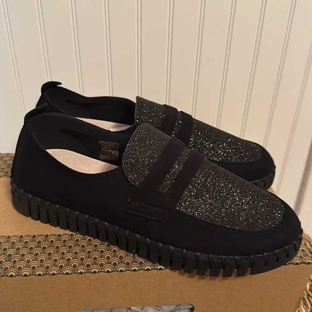 Ilse Jacobsen Black Tulip Slip-On Shoes with Glitter Detail- NIB